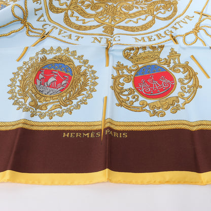 Hermès Carré 90 "Les Armes de Paris" 100% Silk Scarf in Brown and Blue