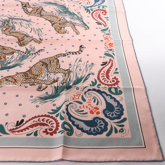 Foulard Hermès Double Face 90 « Guépard » 100 % soie rose et orange