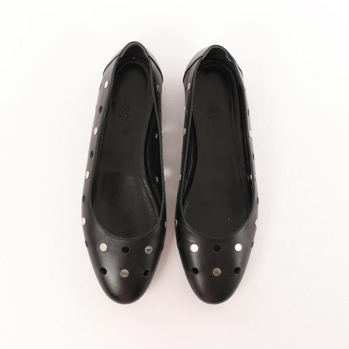 Hermès Serie Button Punching Sack Leather Ballet Flats un Black, Size 39 EU