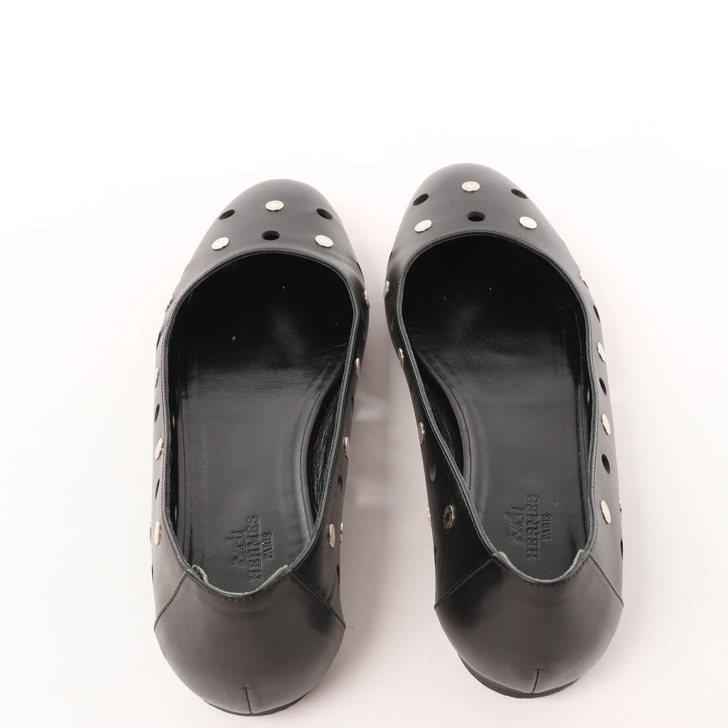 Hermès Serie Button Punching Sack Leather Ballet Flats un Black, Size 39 EU