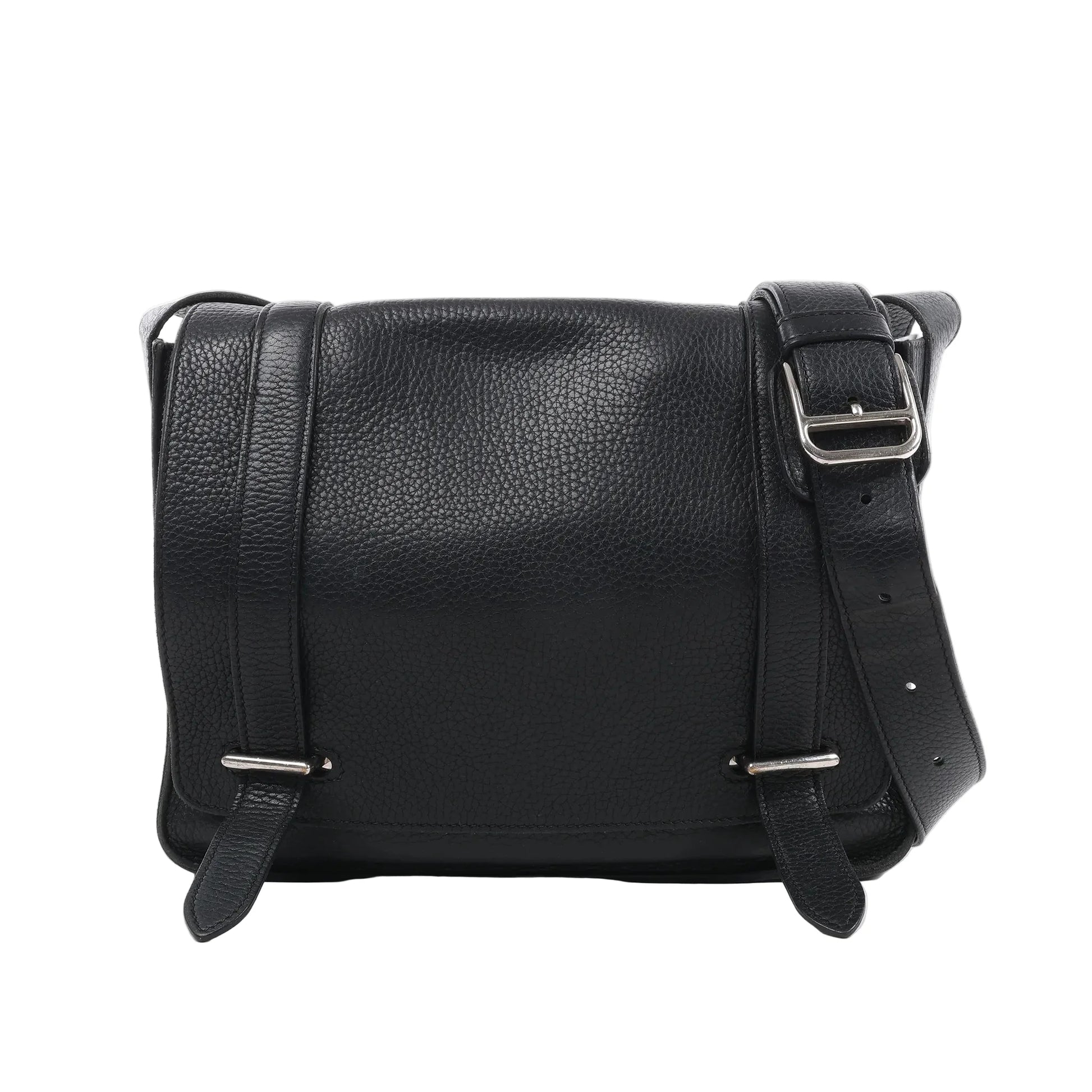 Front view of the Hermès Steve Caporal 27 Crossbody Bag in black Taurillon Clemence leather, featuring a flap closure with dual leather strap details, adjustable shoulder strap with silver-tone buckle, and smooth rounded edges.