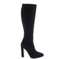 Hermès black suede knee-high boot with rounded toe, platform sole and high block heel on a white background.