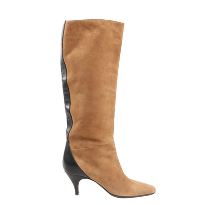 Hermès brown suede long boots with black leather back detail and low tapered heel, size 37.5 EU.