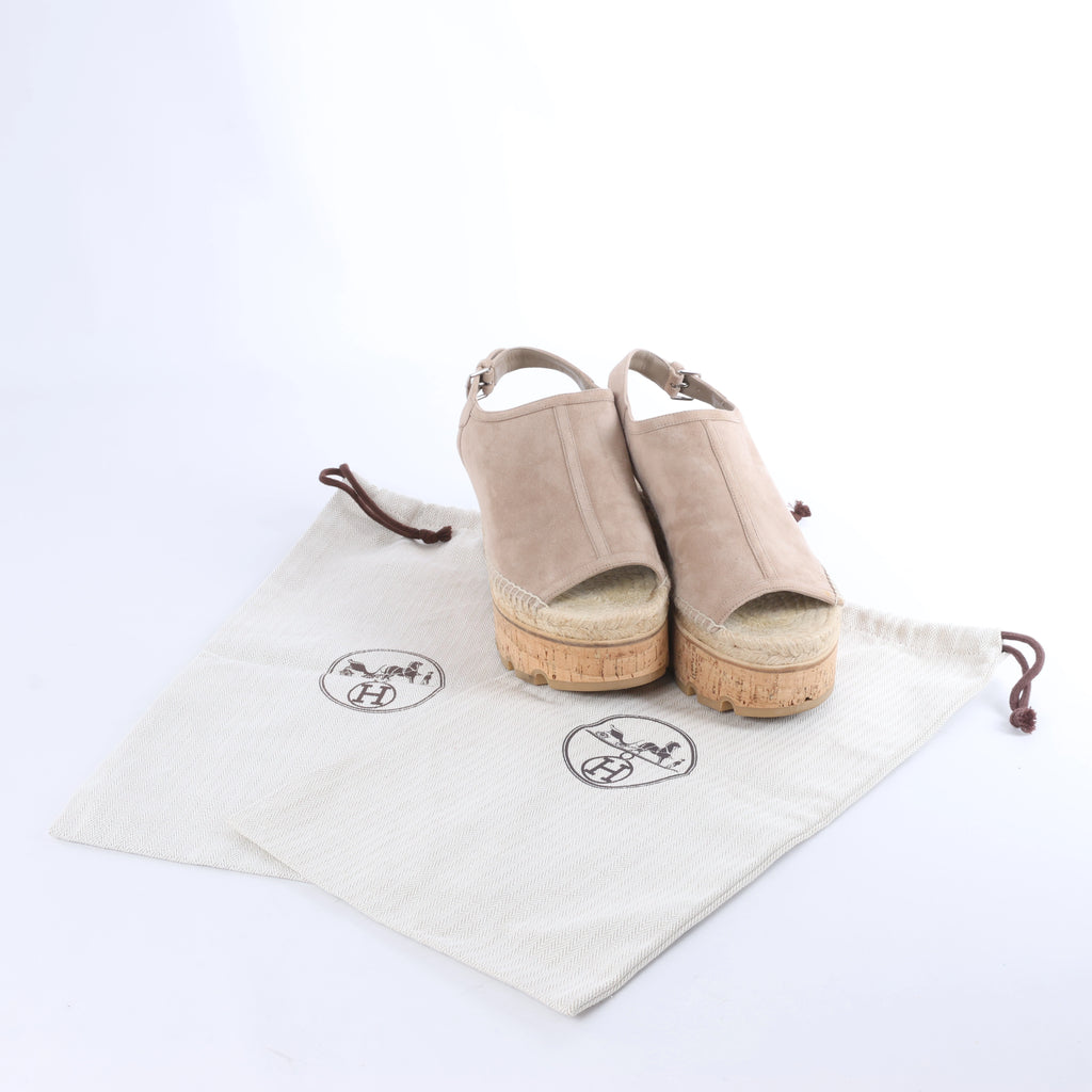 Hermès Suede Wedge Sole Espadrilles Sandals in Beige SL221030Z, Size EU 37