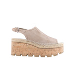 Hermès beige suede wedge espadrille sandal with open toe, slingback buckle strap, woven rope trim and cork-look platform sole.