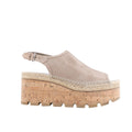 Hermès beige suede wedge espadrille sandal with open toe, slingback buckle strap, woven rope trim and cork-look platform sole.