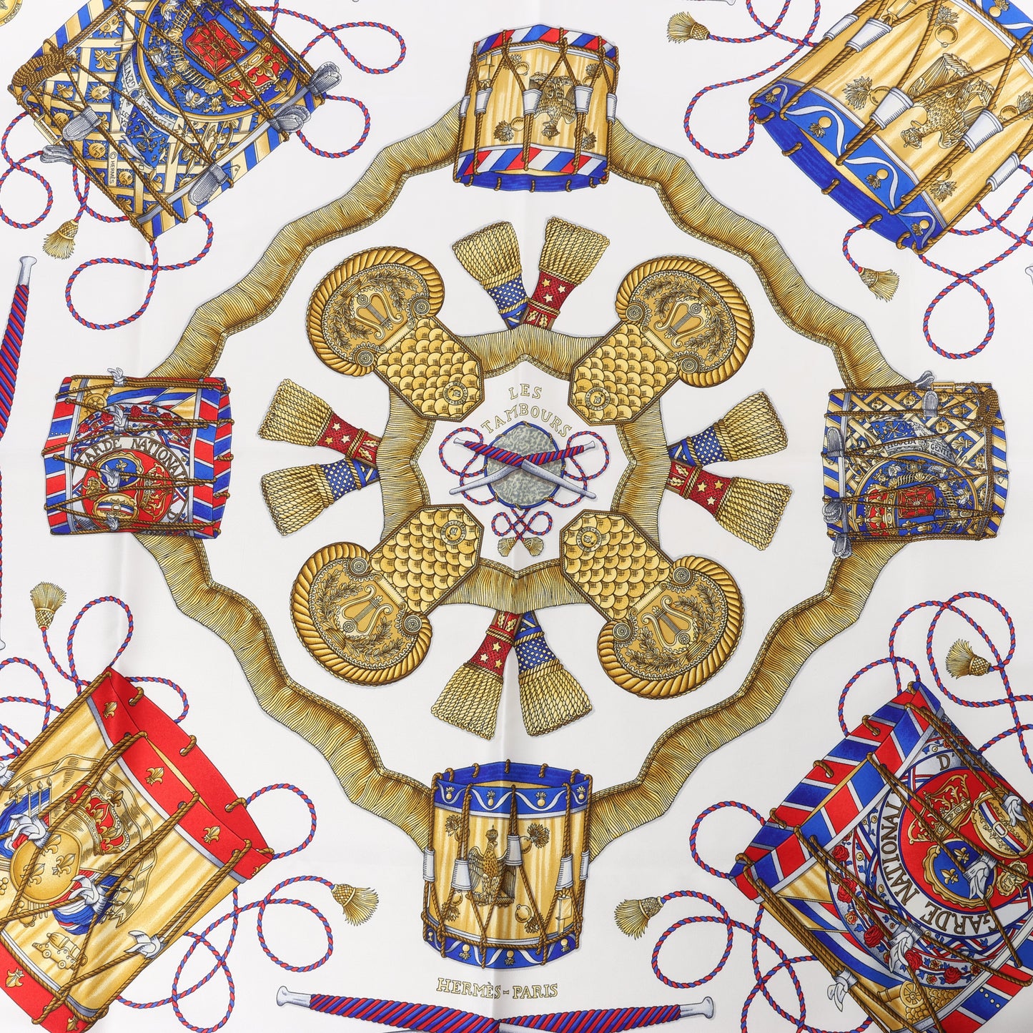 Hermès Carré 90 "LES TAMBOURS" Silk handkerchief in Blue