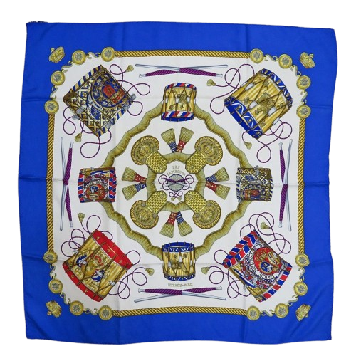 Hermès Carré 90 "LES TAMBOURS" Foulard 100% Soie en Bleu