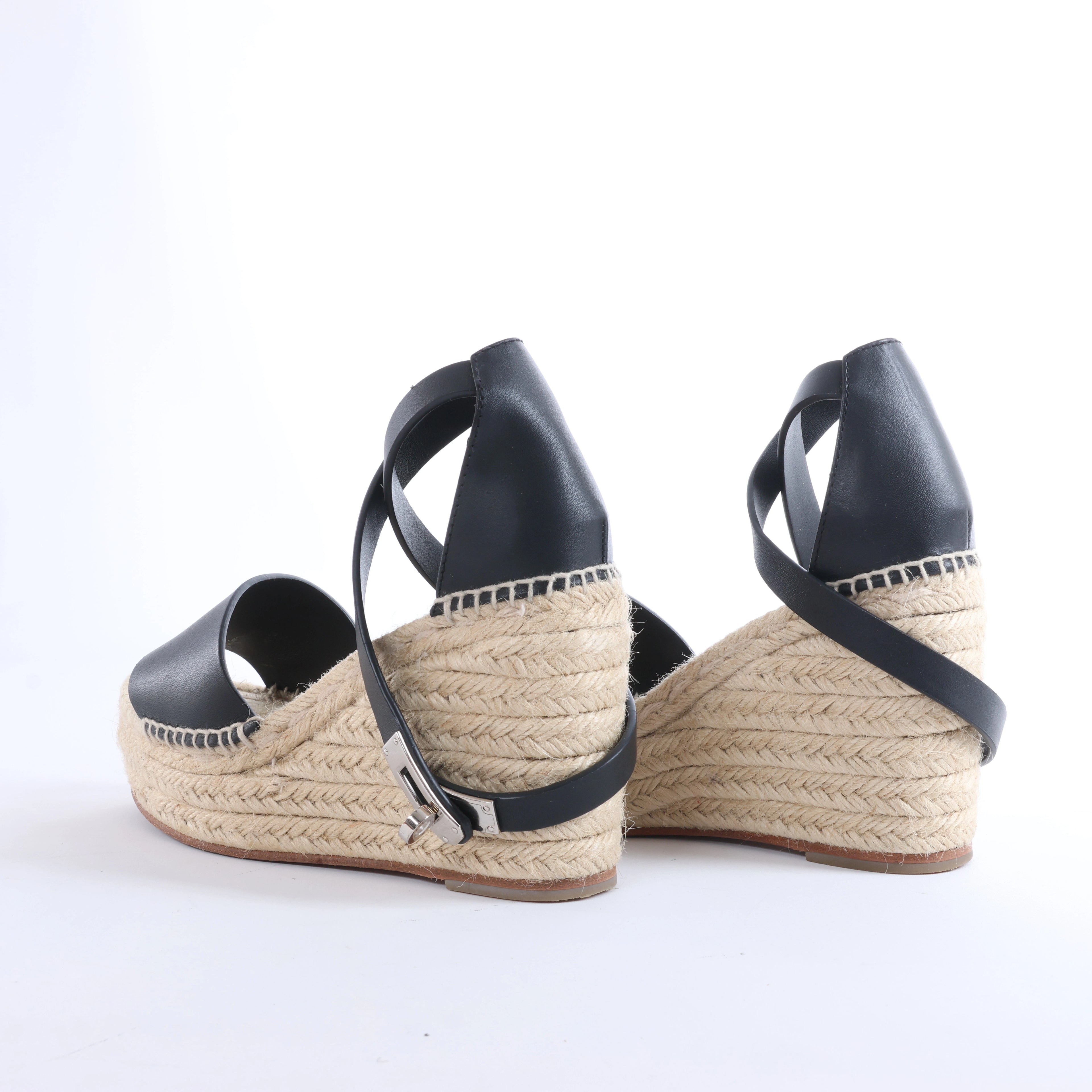 Hermès Tivoli Hemp x Leather Wedge Sole Sandals in Beige x Black 191098Z, Size EU 37