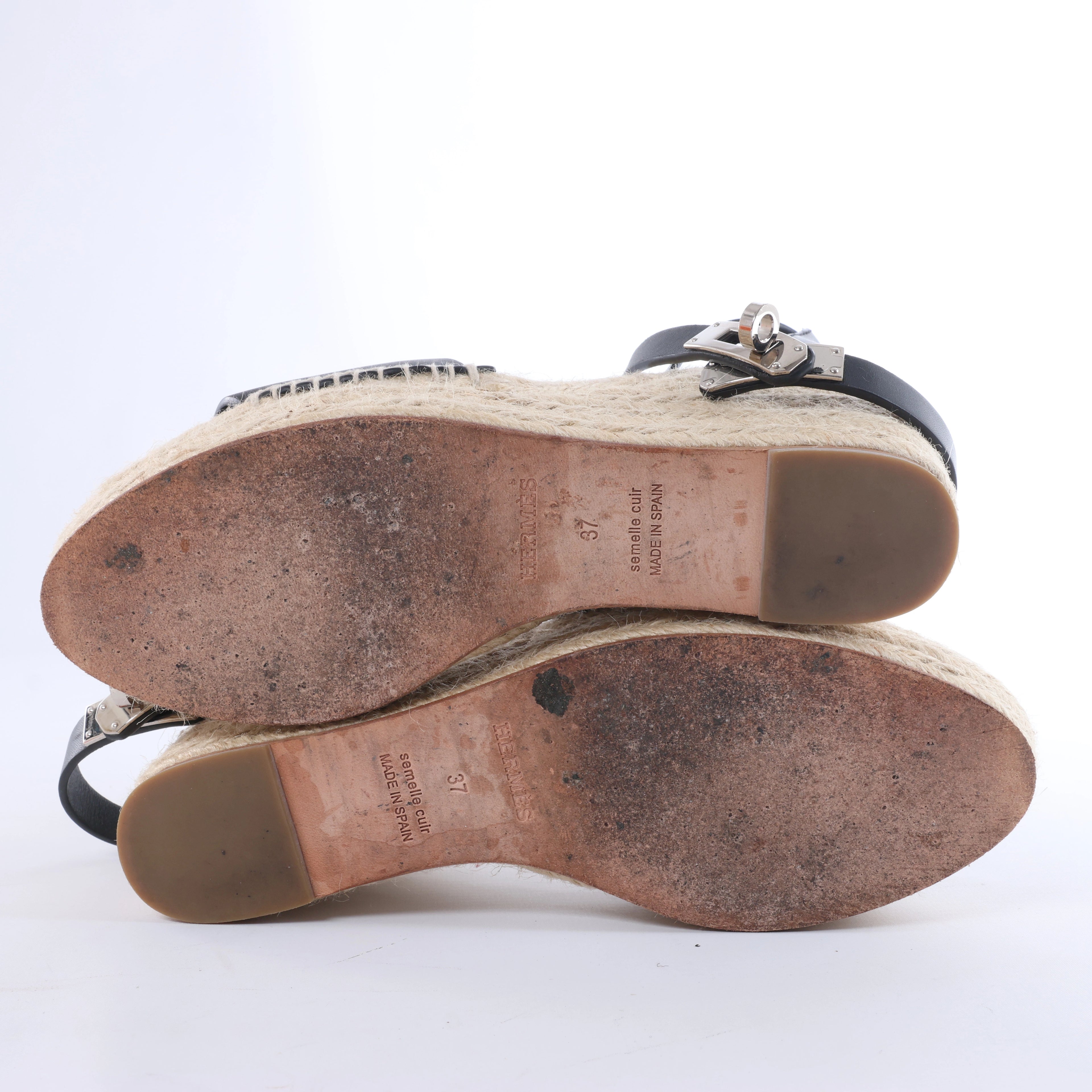 Hermès Tivoli Hemp x Leather Wedge Sole Sandals in Beige x Black 191098Z, Size EU 37