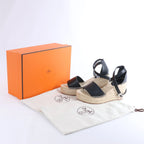 Hermès Tivoli Hemp x Leather Wedge Sole Sandals in Beige x Black 191098Z, Size EU 37