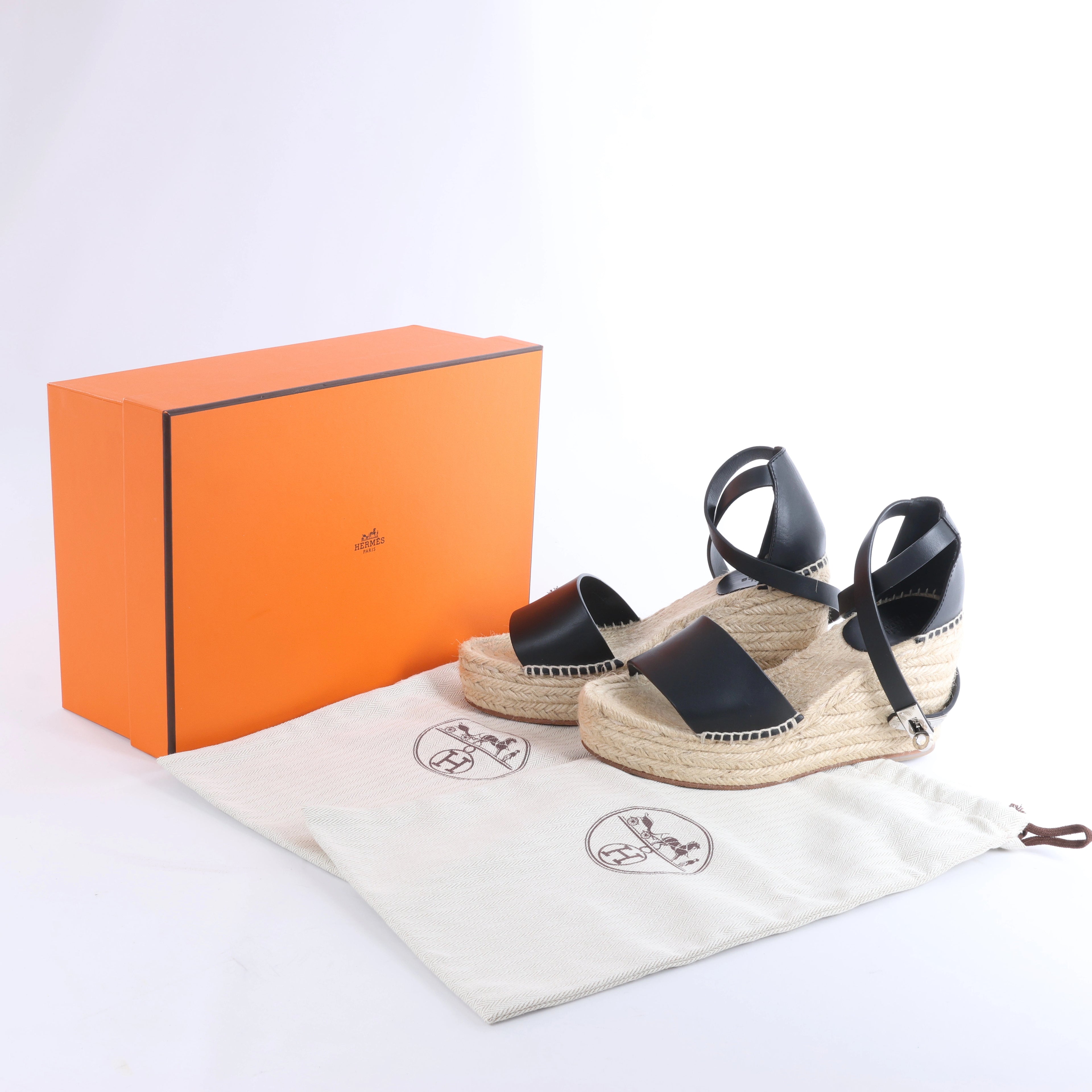 Hermès Tivoli Hemp x Leather Wedge Sole Sandals in Beige x Black 191098Z, Size EU 37