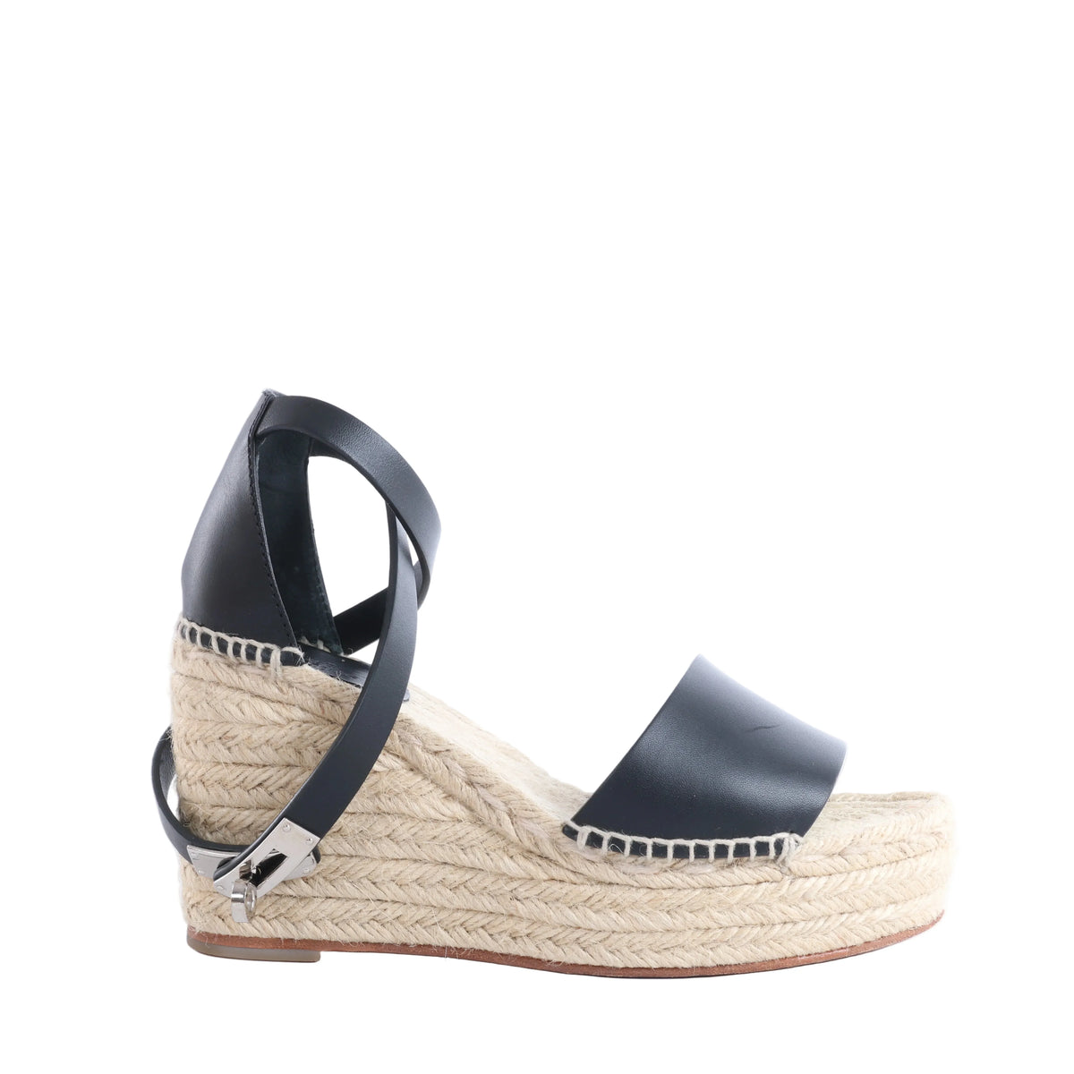 Hermès Tivoli wedge sandal with black leather straps, beige woven espadrille platform sole and polished silver-tone buckle hardware.