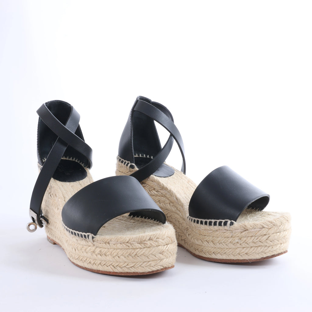 Hermès Tivoli Hemp x Leather Wedge Sole Sandals in Beige x Black 191098Z, Size EU 37
