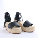 Hermès Tivoli Hemp x Leather Wedge Sole Sandals in Beige x Black 191098Z, Size EU 37