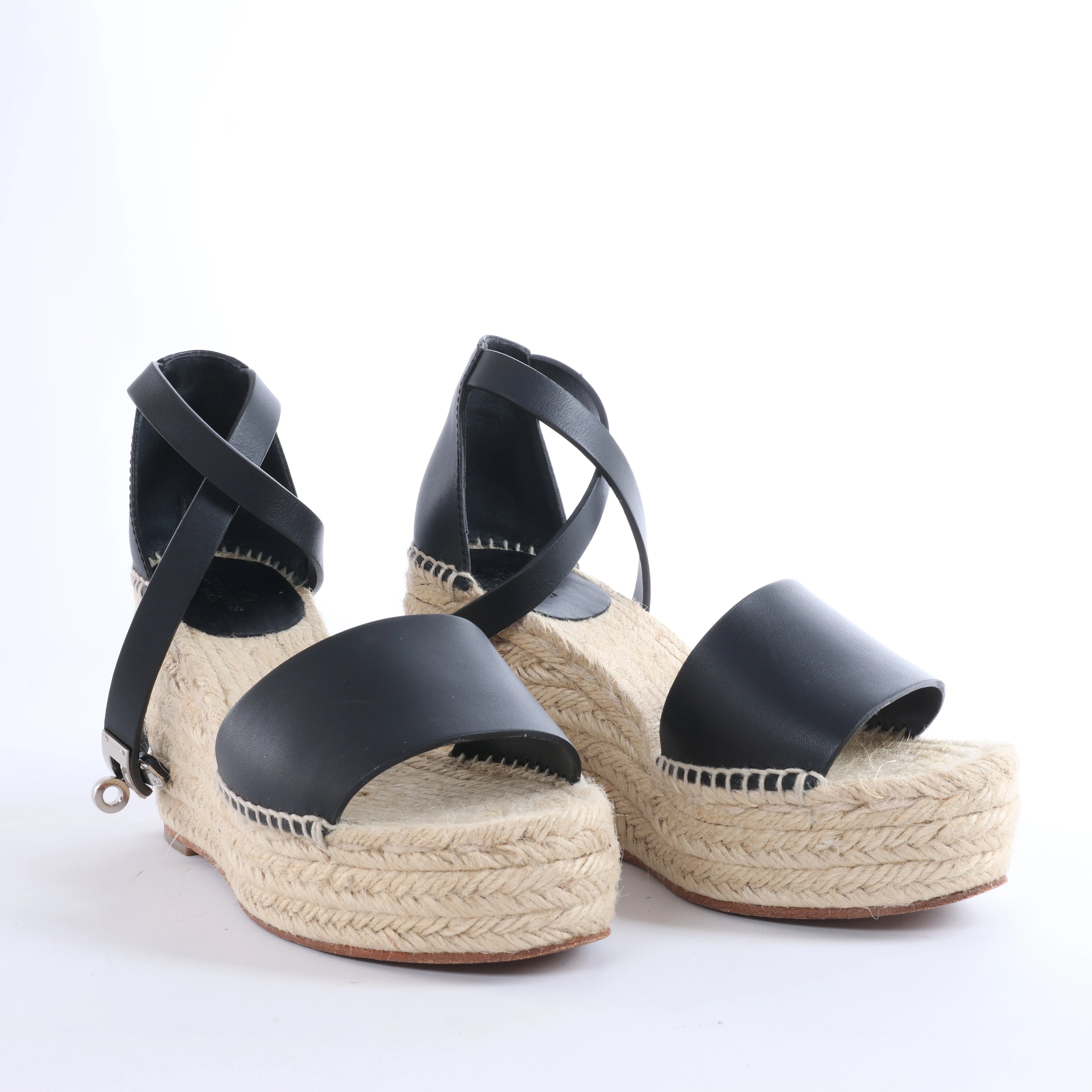 Hermès Tivoli Hemp x Leather Wedge Sole Sandals in Beige x Black 191098Z, Size EU 37