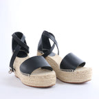 Hermès Tivoli Hemp x Leather Wedge Sole Sandals in Beige x Black 191098Z, Size EU 37