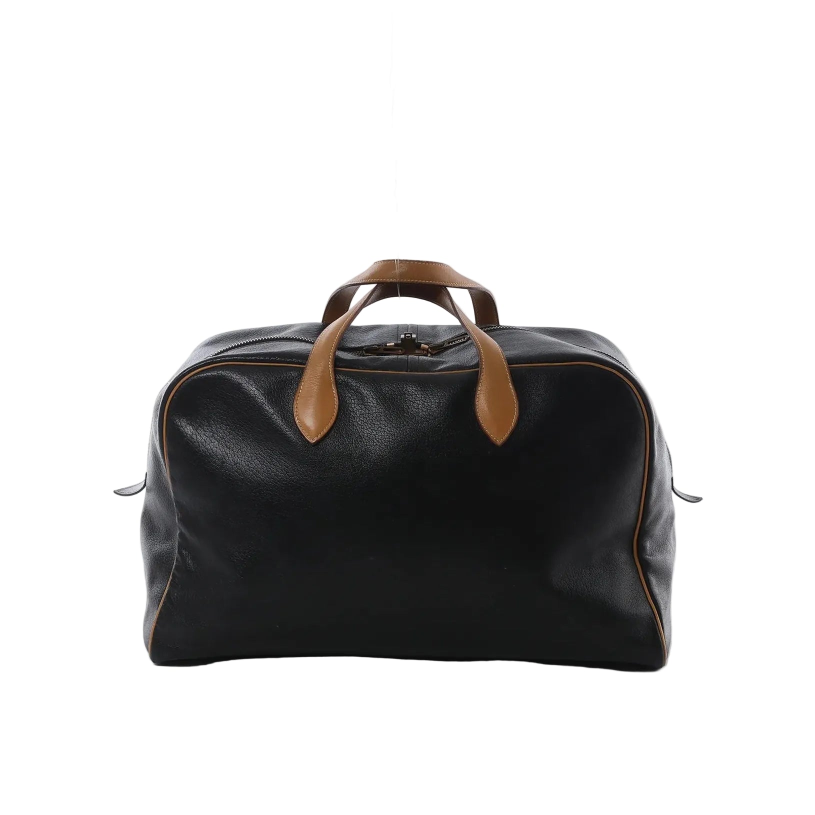 Hermès Victoria 43 black leather handbag with natural tan leather handles and top zip closure on white background