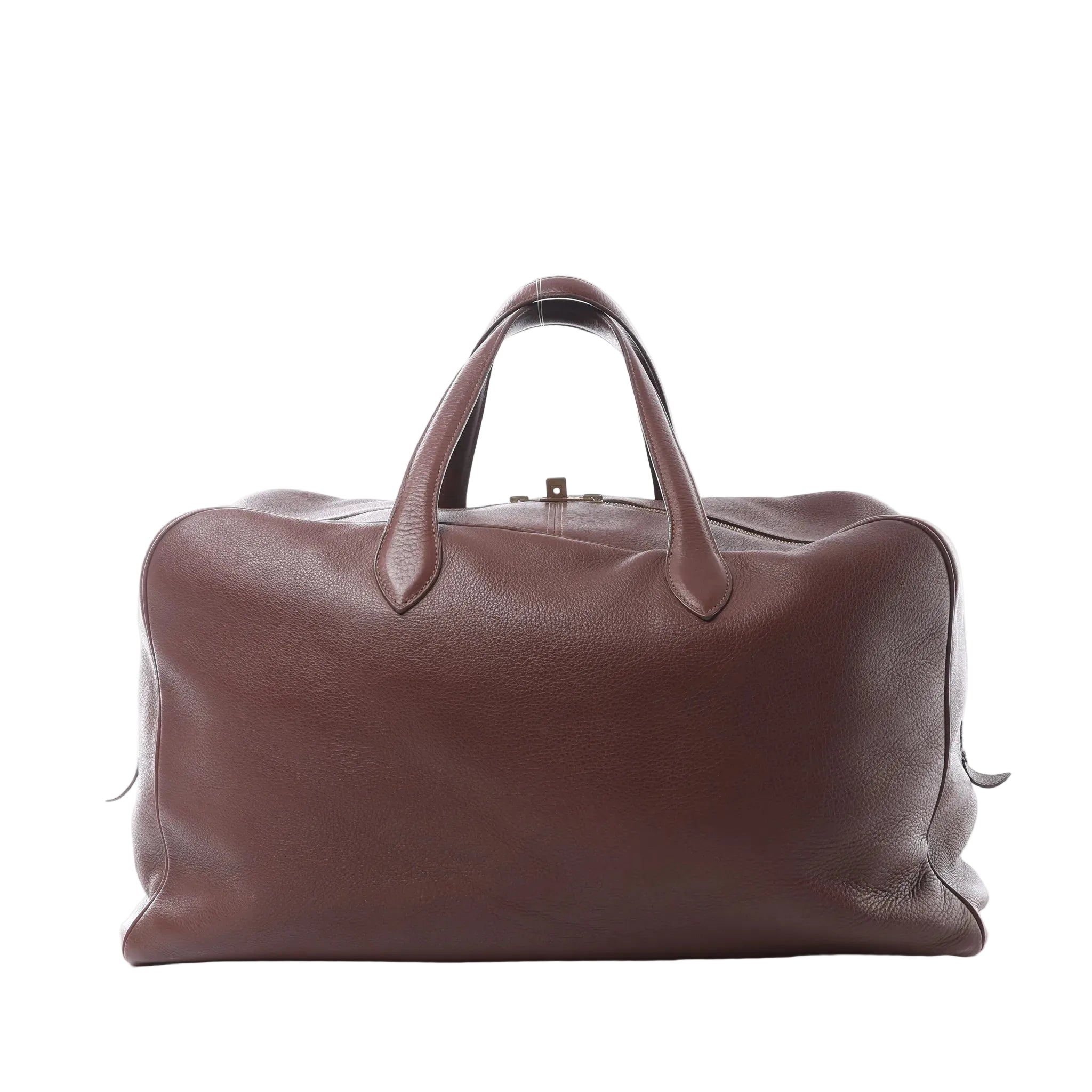 Hermès Victoria 50 travel bag in brown Taurillon Clemence leather with rolled top handles, soft structured silhouette and zip-top closure.