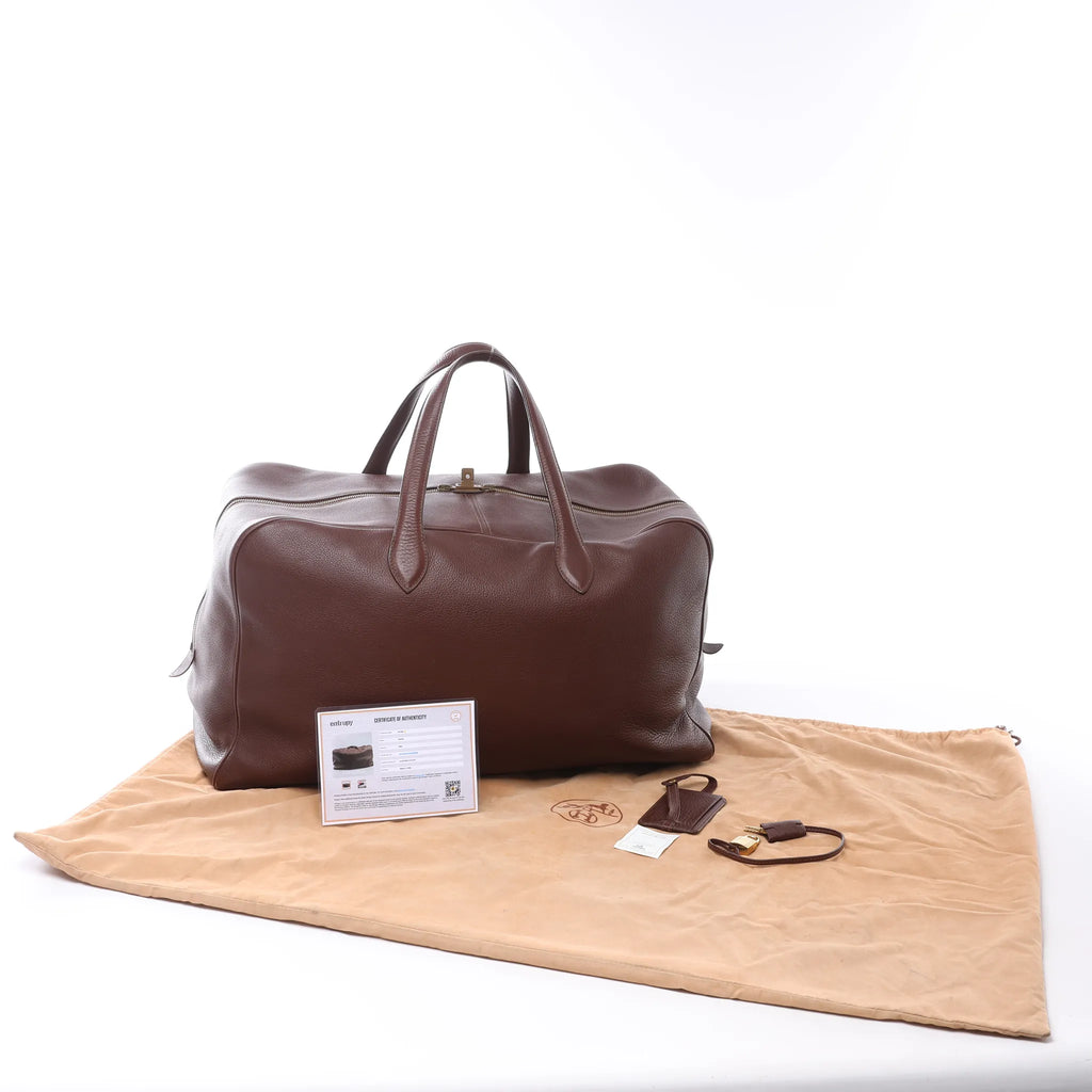 HERMES Victoria 50 Taurillon Clemence Handbag in Brown □C: 1999