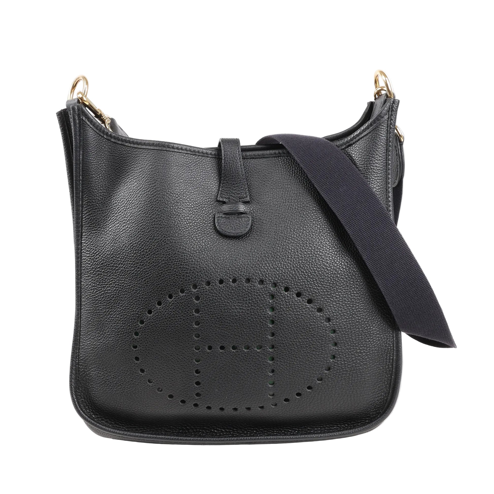 Hermès Evelyne I 29 PM shoulder bag in black Togo leather featuring perforated “H” logo on the front, tonal stitching, gold-tone hardware, and black canvas strap. Stamp □G (2003).
