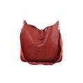 Red Hermès Evelyn GM leather shoulder bag with large perforated H motif, matching fabric strap, tab closure and gold-tone hardware.