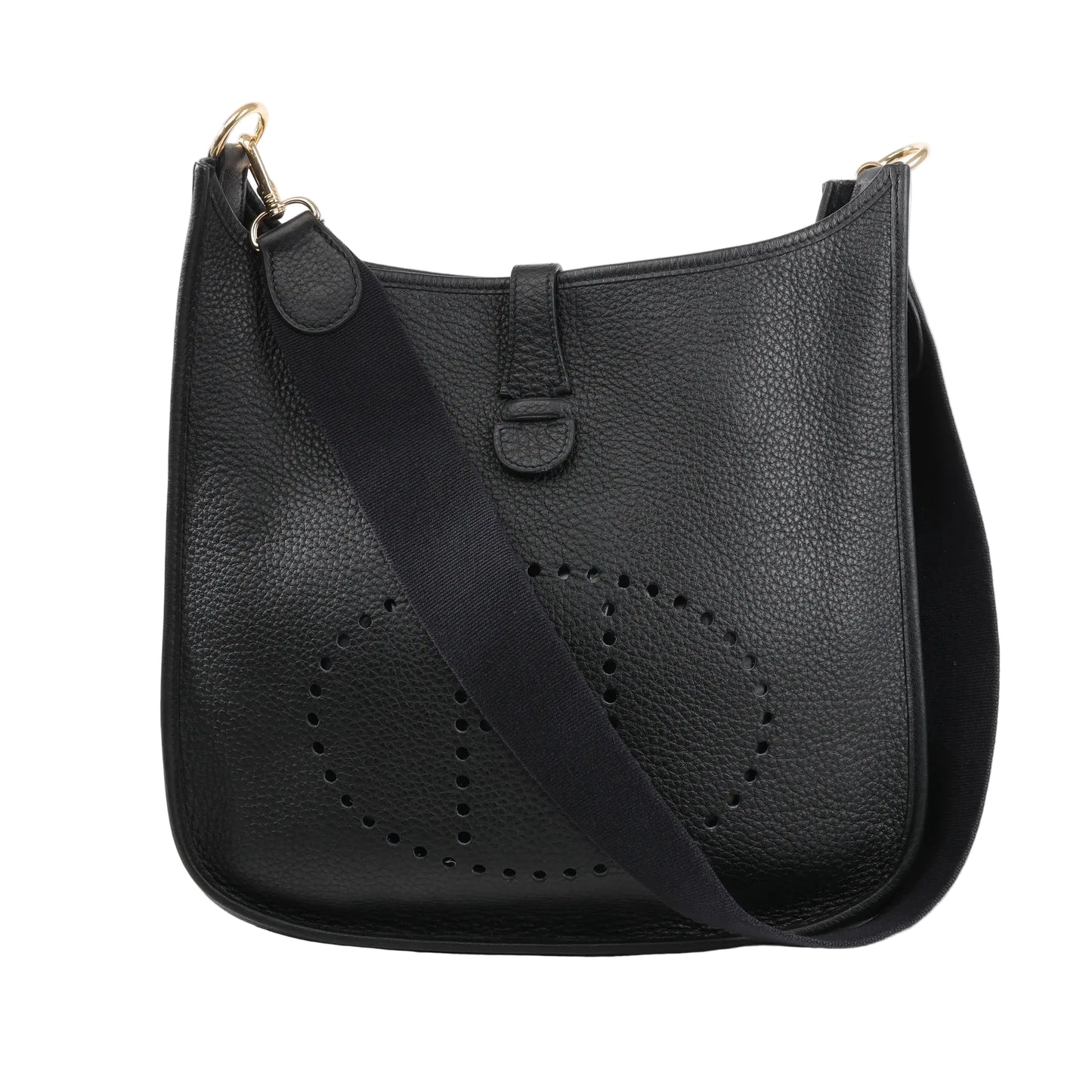 Hermès Evelyne 1 33 GM shoulder bag in black Taurillon Clemence leather featuring perforated H logo, black canvas strap, and gold-tone hardware.