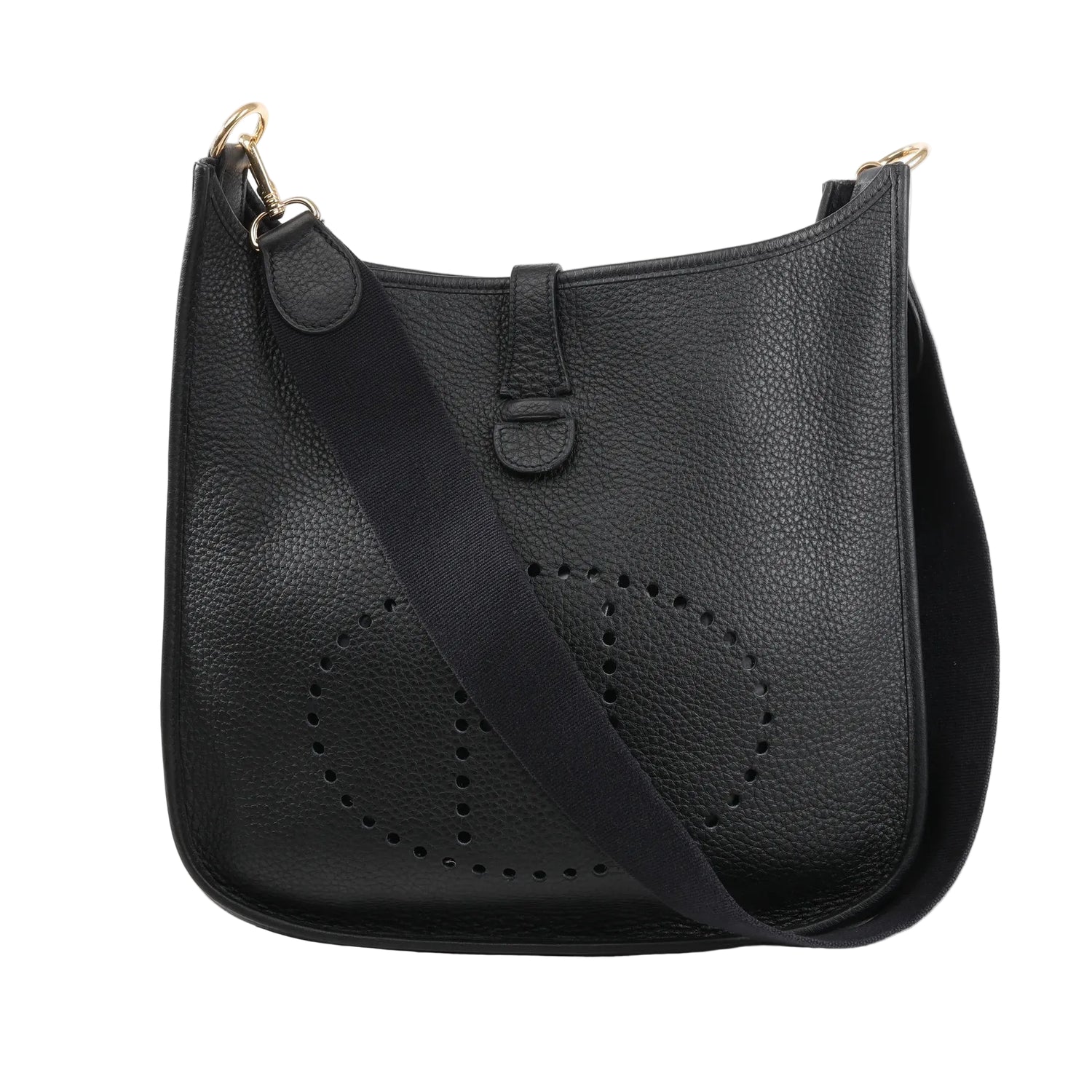 Hermès Evelyne 1 33 GM shoulder bag in black Taurillon Clemence leather featuring perforated H logo, black canvas strap, and gold-tone hardware.