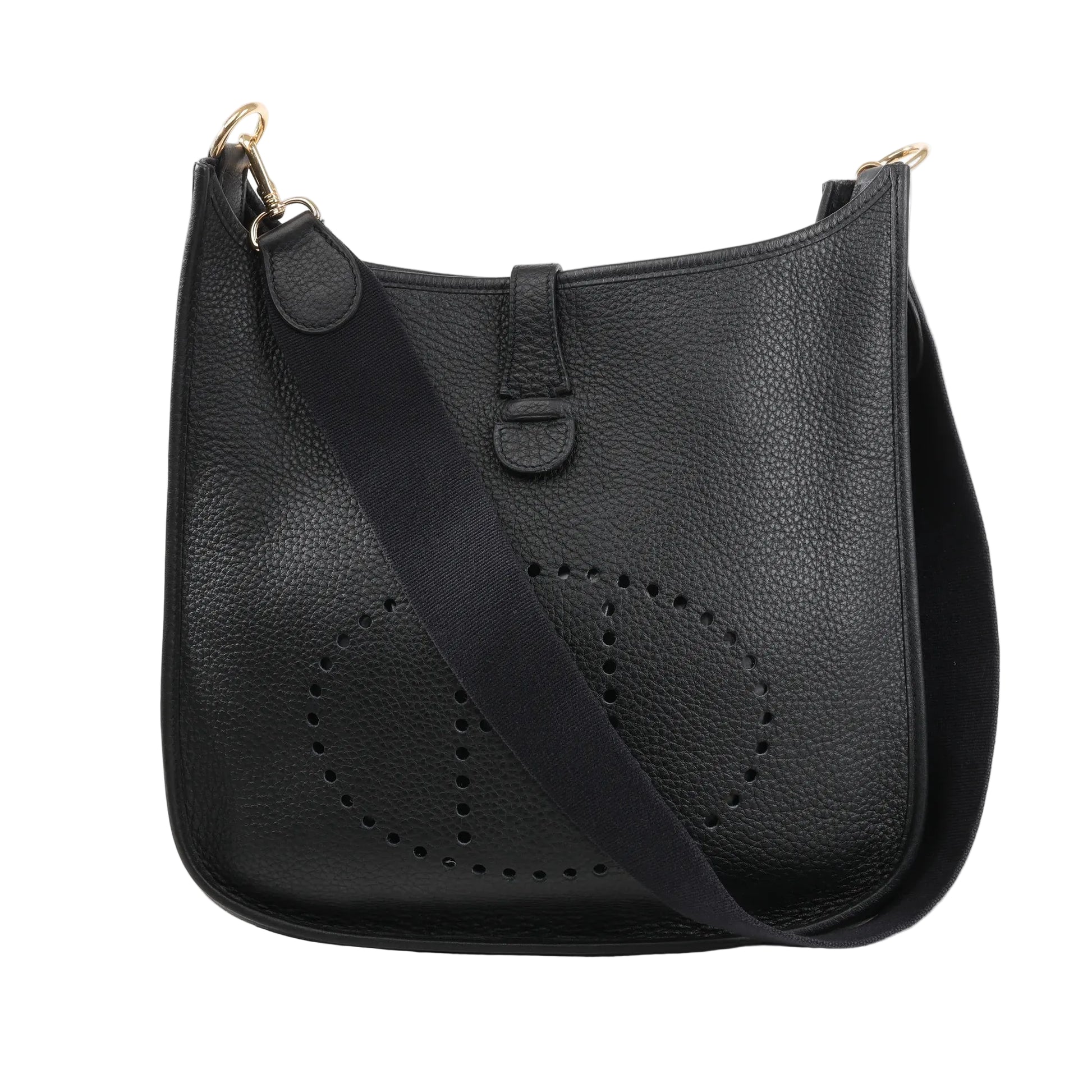Hermès Evelyne 1 33 GM shoulder bag in black Taurillon Clemence leather featuring perforated H logo, black canvas strap, and gold-tone hardware.