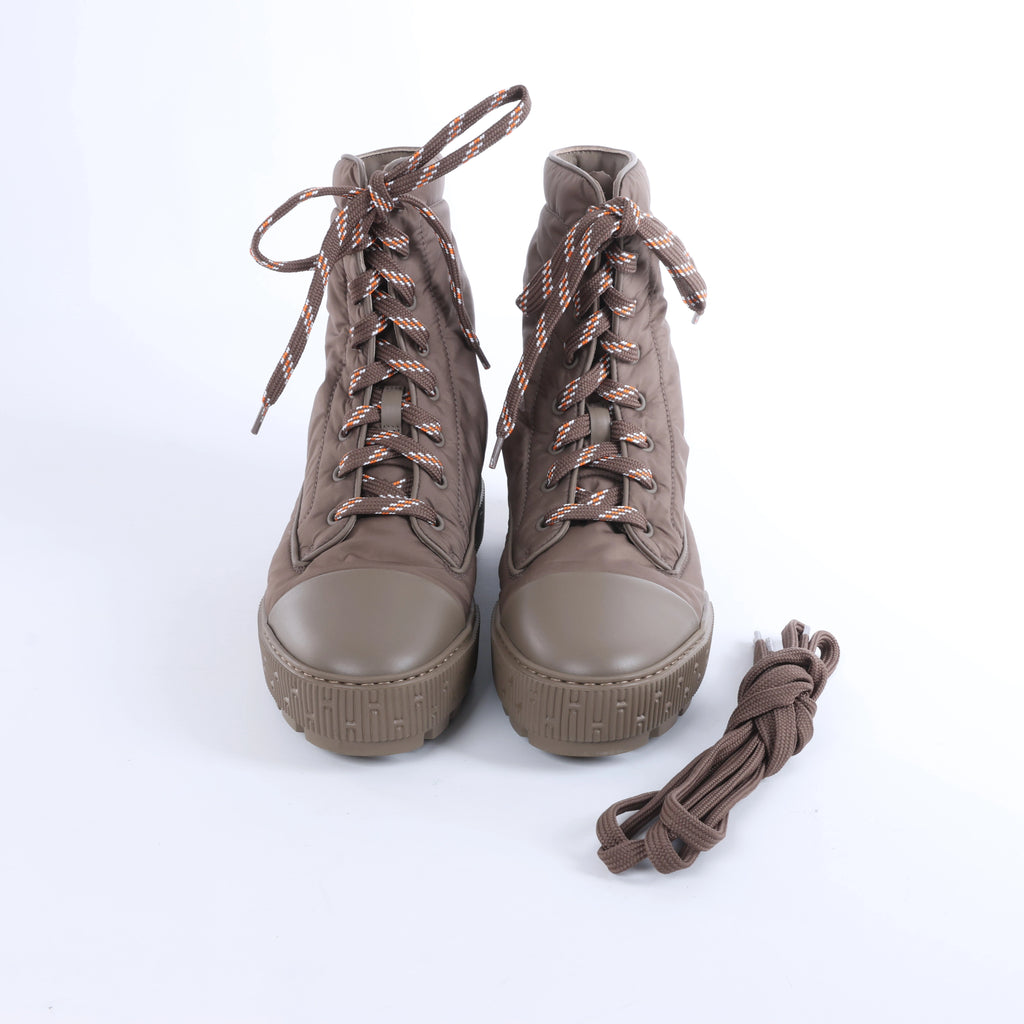 Hermès Fresh Nylon & Leather Ankle Boots in Greige, Size EU 38
