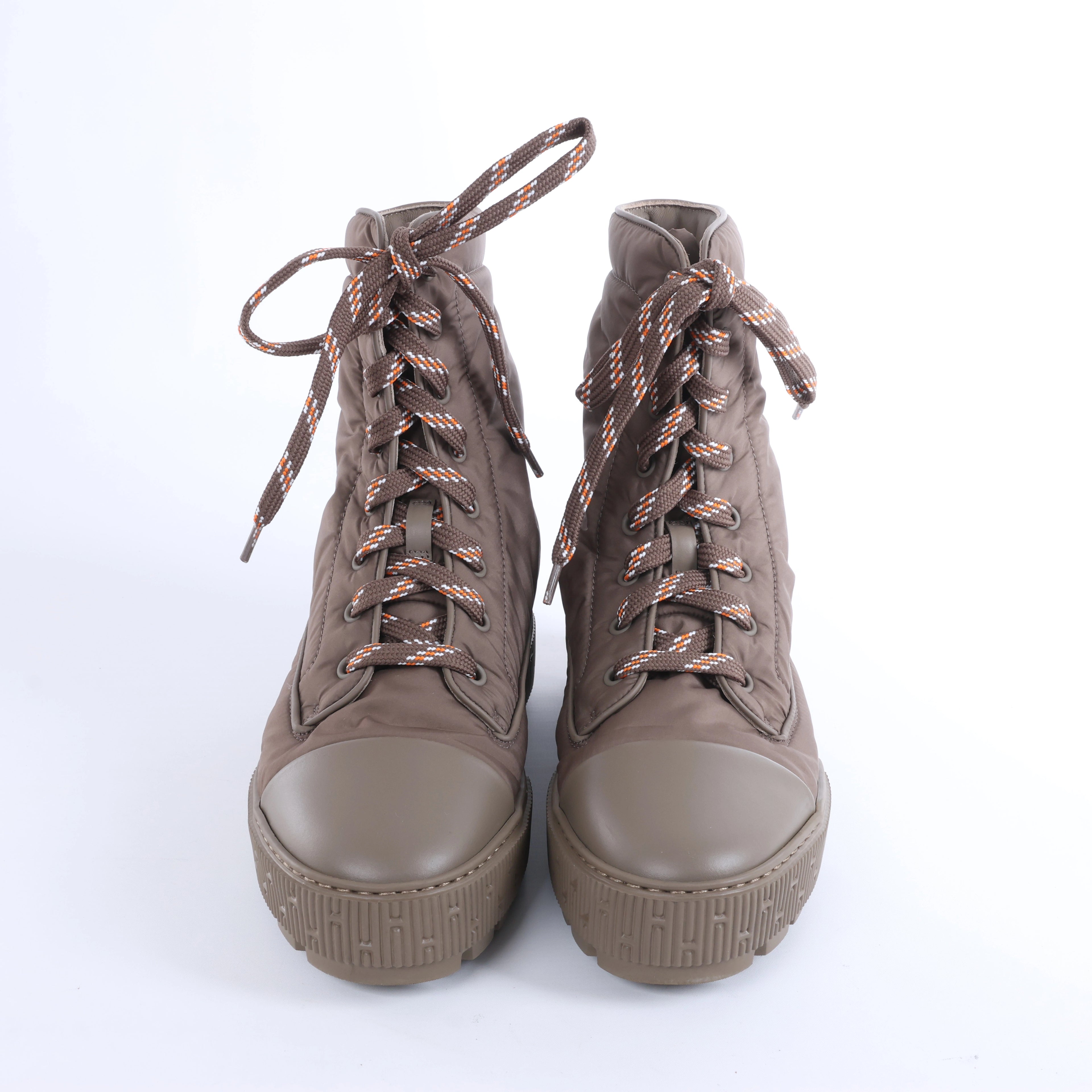 Hermès Fresh Nylon & Leather Ankle Boots in Greige, Size EU 38