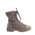 Hermès Fresh greige lace-up short boot in nylon and leather with round logo patch, leather toe cap and chunky lug sole.