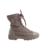 Hermès Fresh greige lace-up short boot in nylon and leather with round logo patch, leather toe cap and chunky lug sole.