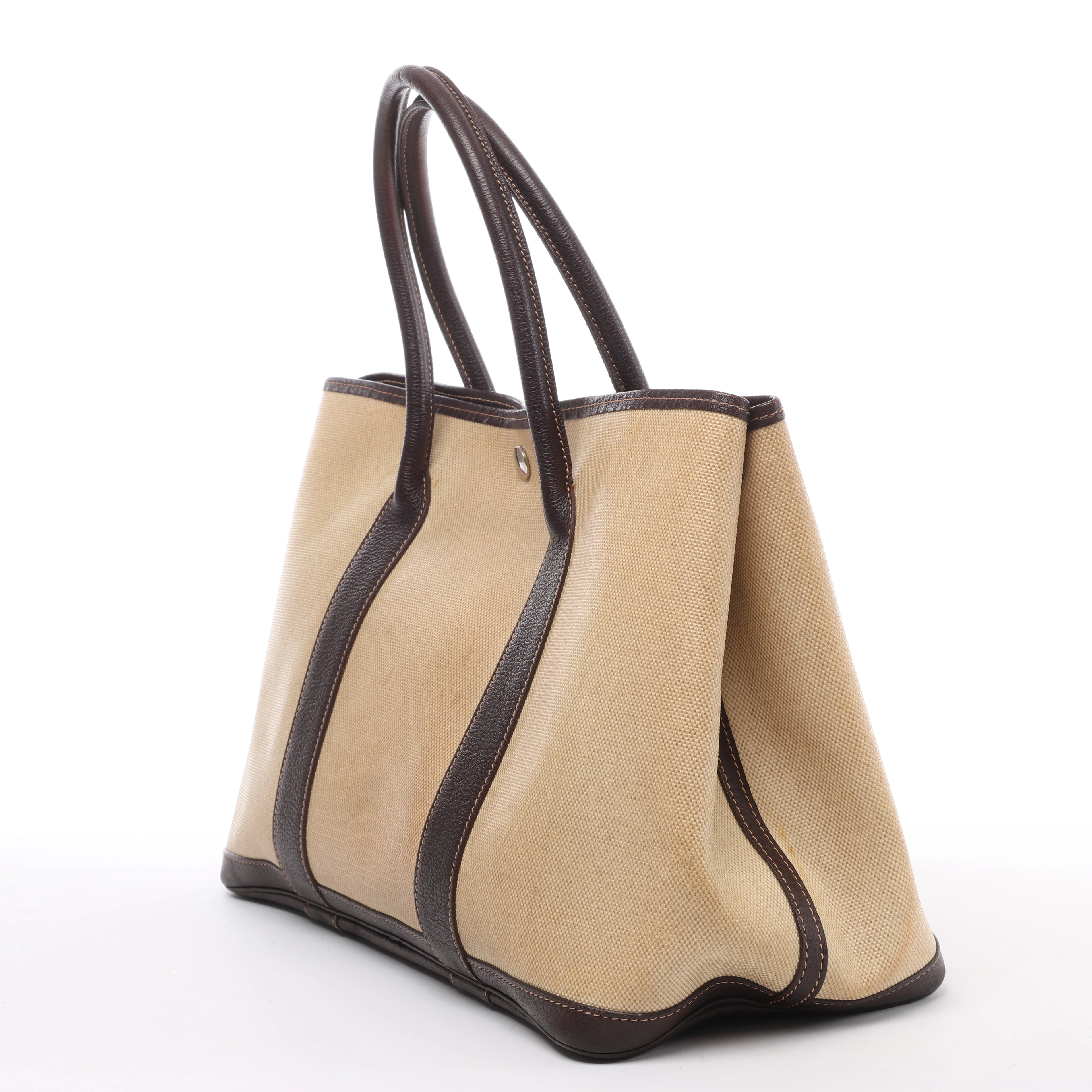 Hermès Garden Party 36 PM Toile Ash Buffle Handbag in Beige×Brown □F: 2002