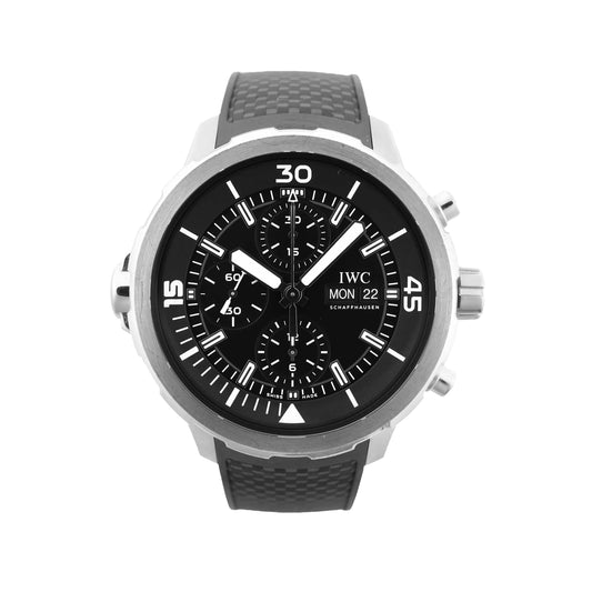 IWC Aquatimer Chronograph IW376803 watch with black dial, white hands and markers, three subdials, date and day display, stainless steel case, and textured black rubber strap.