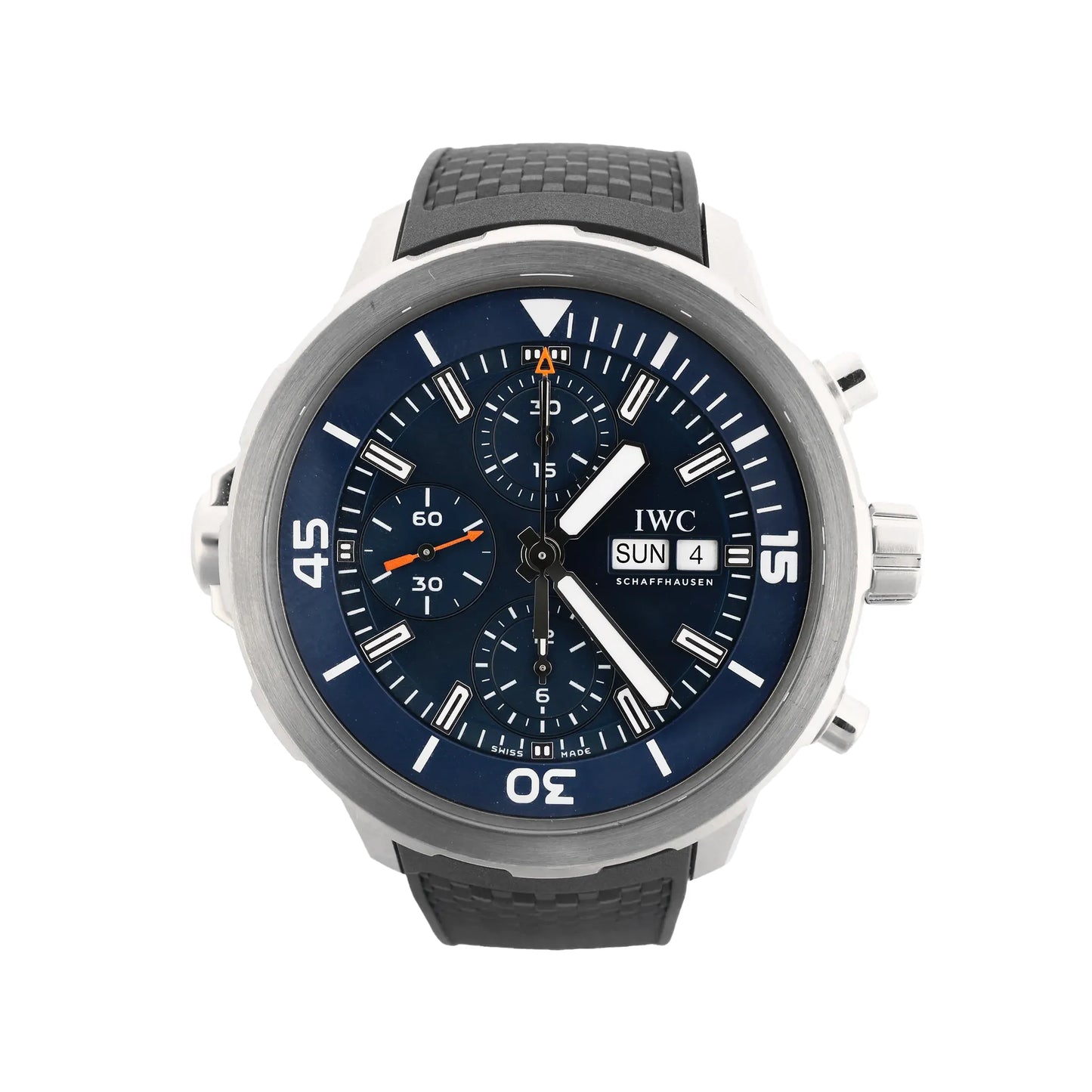 IWC Aquatimer Expedition Jacques-Yves Cousteau IW376805 watch with a navy blue dial, white markers, chronograph subdials, stainless steel case, and black rubber strap.