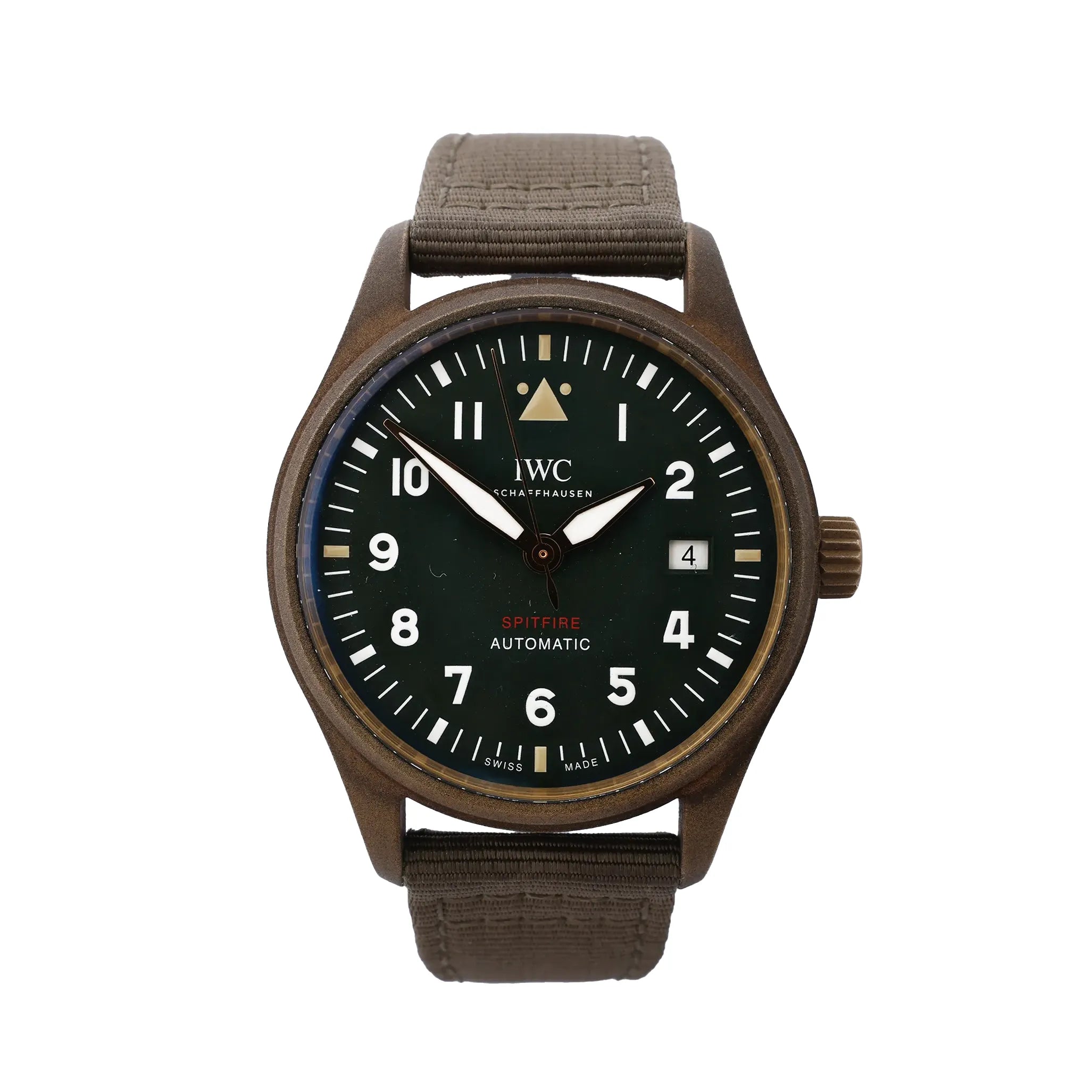 Pre-owned IWC Spitfire IW326802 automatic watch with a bronze case, green dial, luminous numerals, date display and brown strap.
