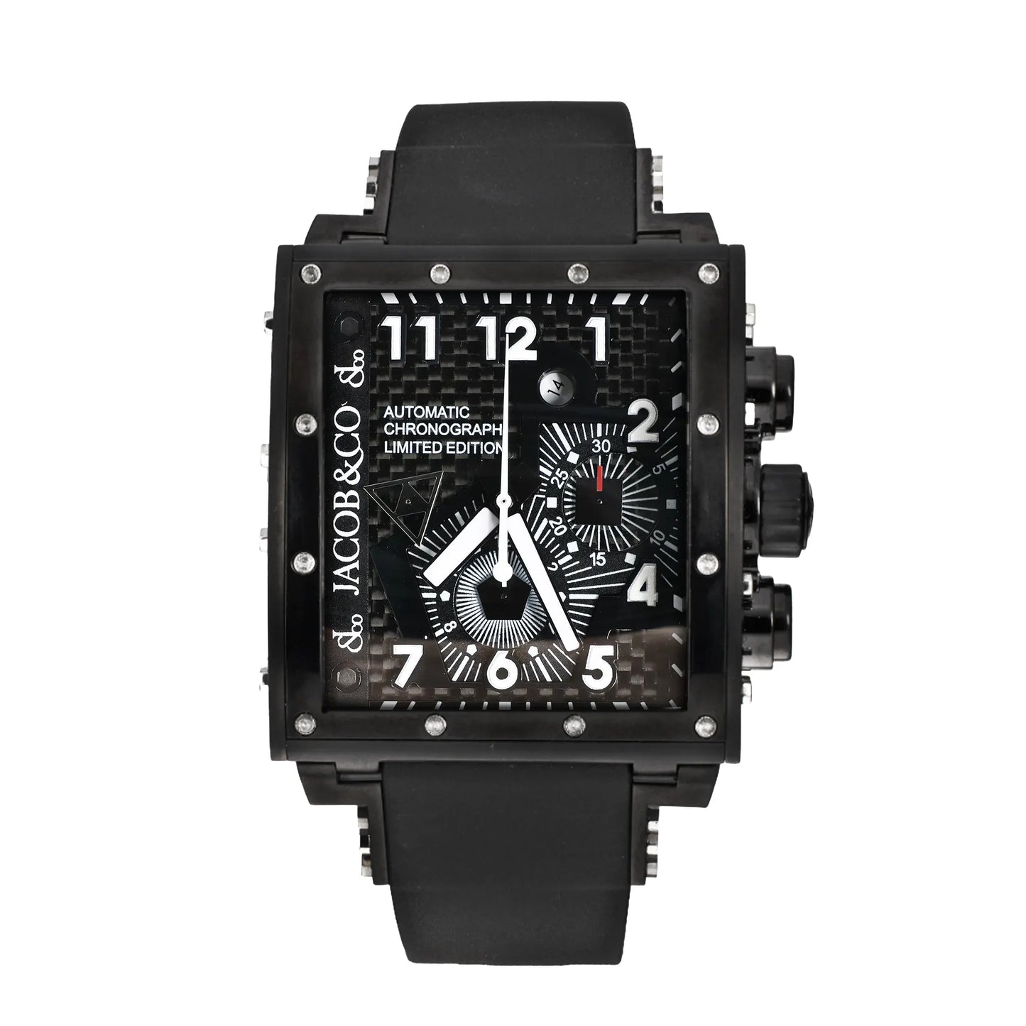 Jacob & Co. Epic I JC-V2Q2B automatic chronograph watch featuring a black square dial with white markers, subdials, stainless steel case, and black rubber strap.