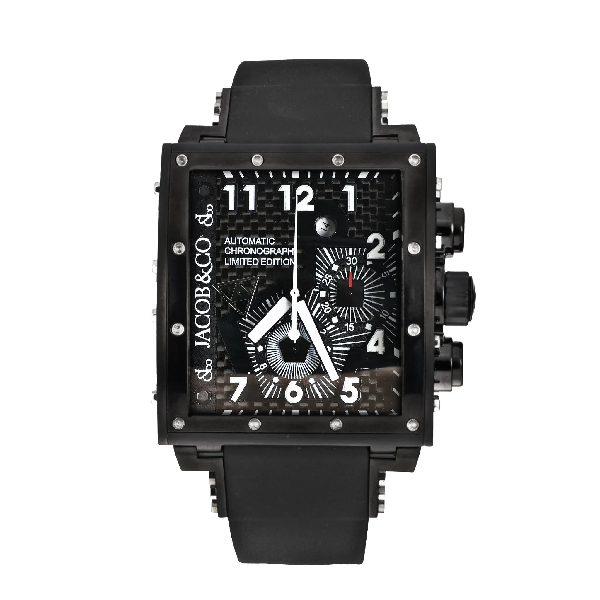 Jacob & Co. Epic I JC-V2Q2B automatic chronograph watch featuring a black square dial with white markers, subdials, stainless steel case, and black rubber strap.