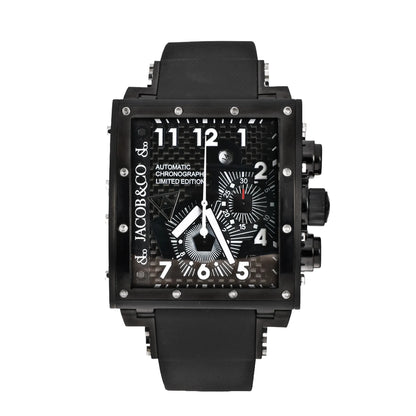 Jacob & Co. Epic I JC-V2Q2B automatic chronograph watch featuring a black square dial with white markers, subdials, stainless steel case, and black rubber strap.