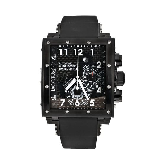 Jacob & Co. Epic I JC-V2Q2B automatic chronograph watch featuring a black square dial with white markers, subdials, stainless steel case, and black rubber strap.