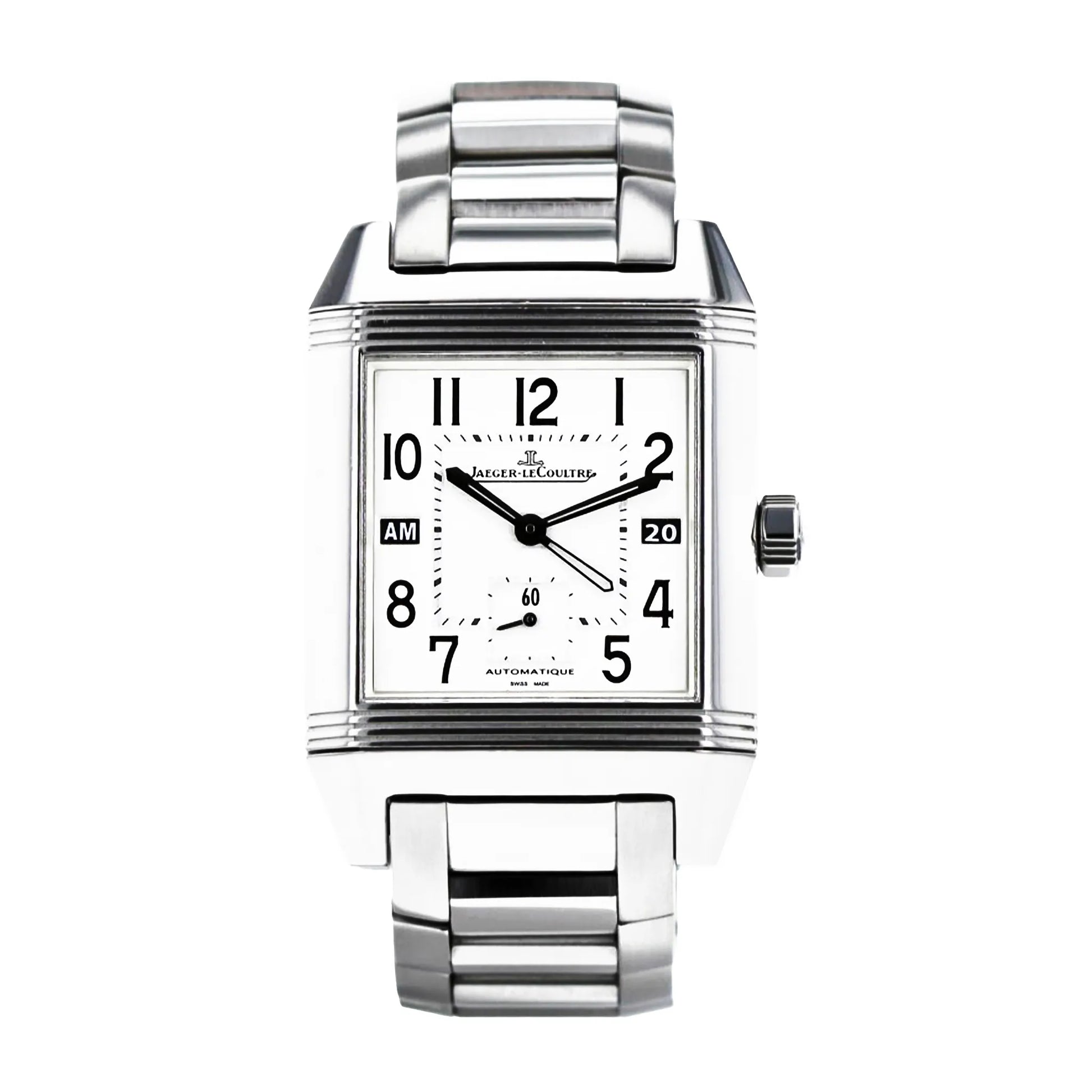 Jaeger-LeCoultre Reverso Q7008120 watch with a rectangular stainless steel case, silver dial featuring Arabic numerals, date display, small seconds subdial, and polished steel bracelet.