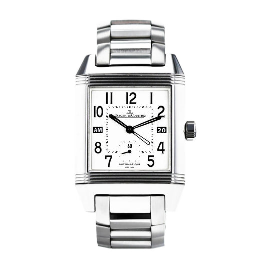 Jaeger-LeCoultre Reverso Q7008120 watch with a rectangular stainless steel case, silver dial featuring Arabic numerals, date display, small seconds subdial, and polished steel bracelet.