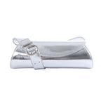 Jil Sander Cannolo metallic silver patent leather shoulder bag with curved flap, wide strap and silver-tone circular buckle.