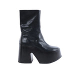 Jil Sander black leather ankle boot with mid-calf shaft, rounded toe, thick platform sole and chunky block heel.