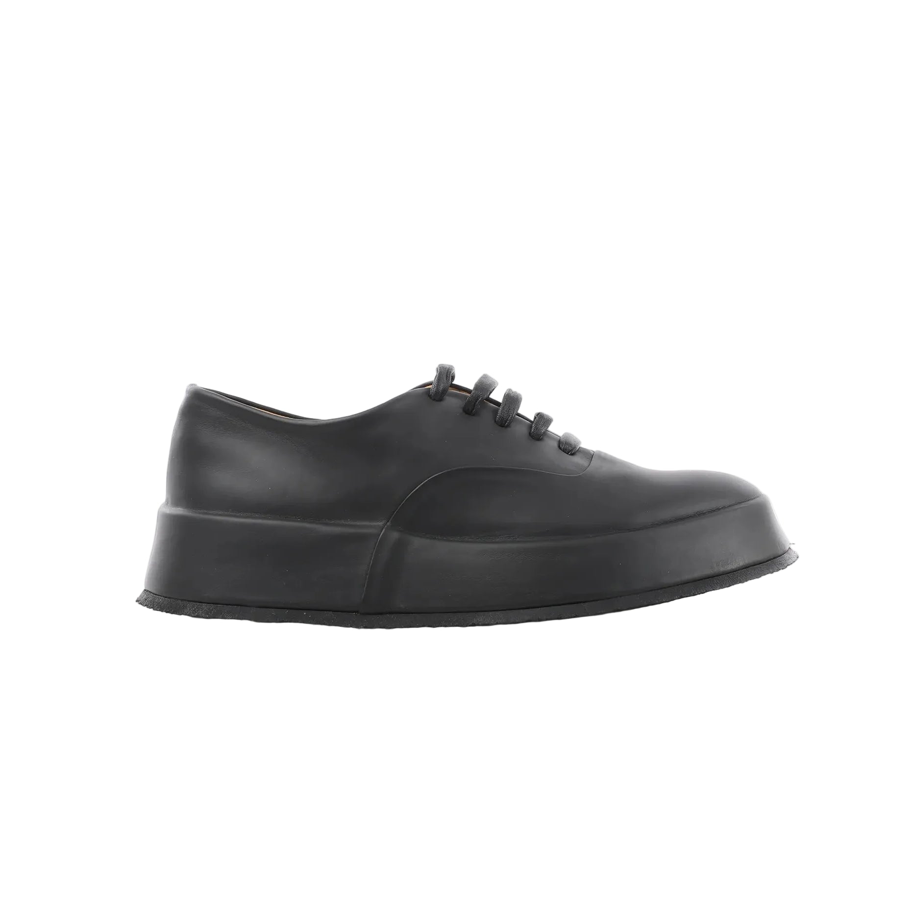 Black Jil Sander leather lace-up sneaker with smooth upper, tonal laces, and thick platform-style rubber sole, shown in side profile.