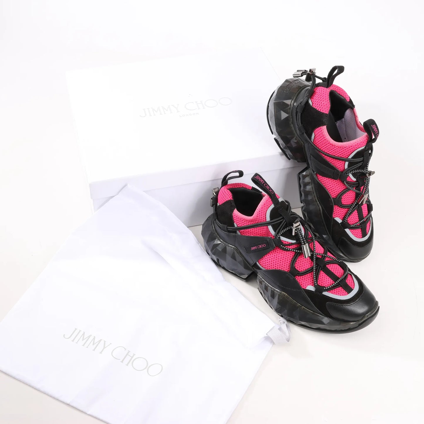 Jimmy Choo Diamond Fabric Sneakers in Pink x Black, Size 39 EU