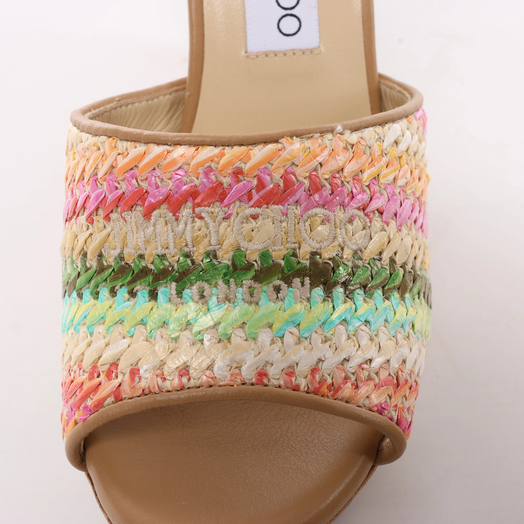 Jimmy Choo Deven Leather x Fabric Sandals in Beige, Size EU 37