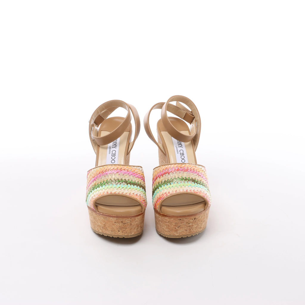 Jimmy Choo Deven Leather x Fabric Sandals in Beige, Size EU 37