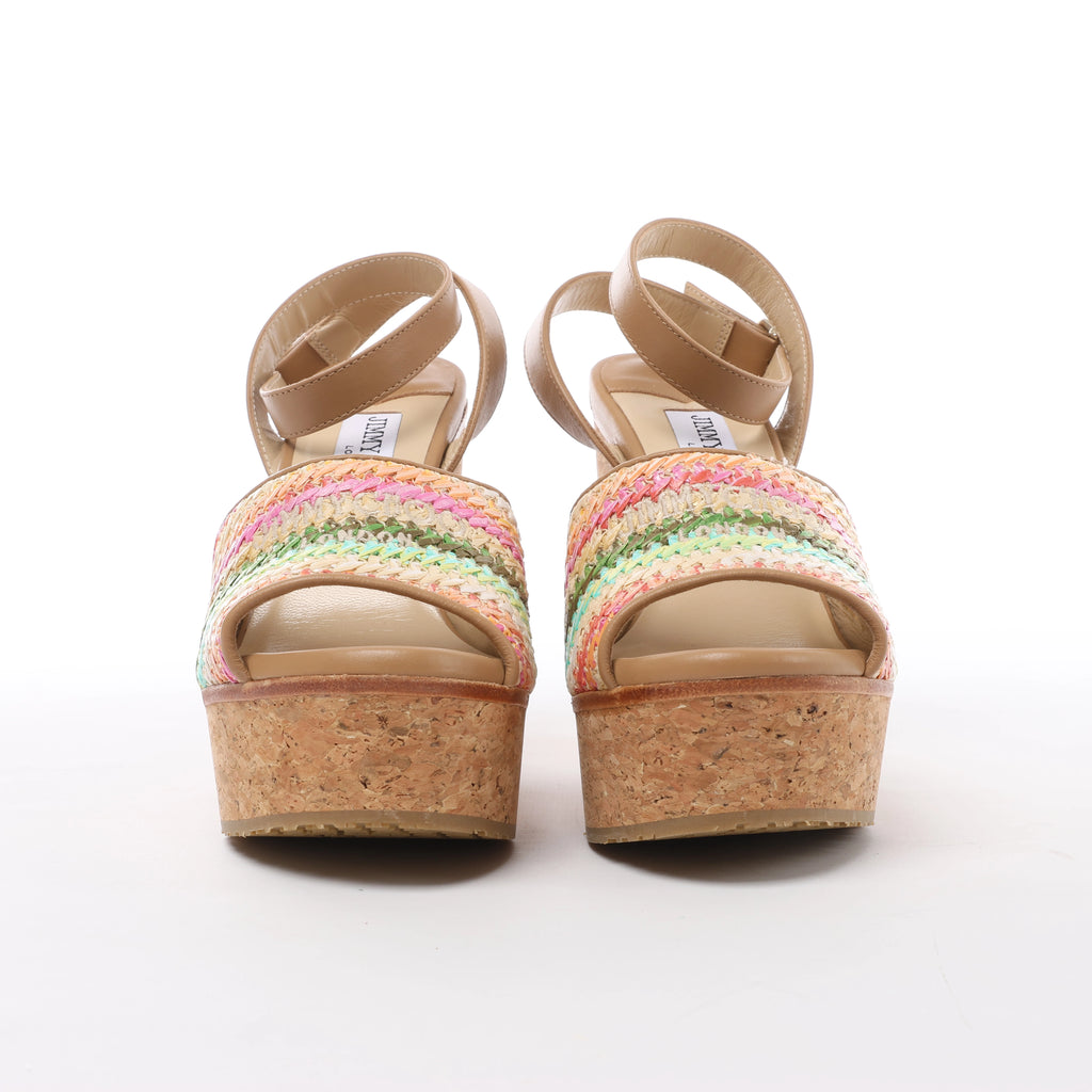 Jimmy Choo Deven Leather x Fabric Sandals in Beige, Size EU 37